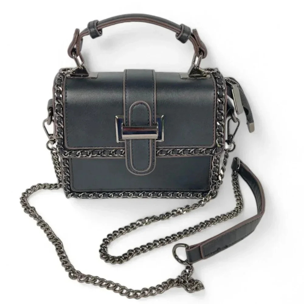 OKPTA Faux Leather‎ Crossbody Handbag, Black, Chain Hardware Straps Small